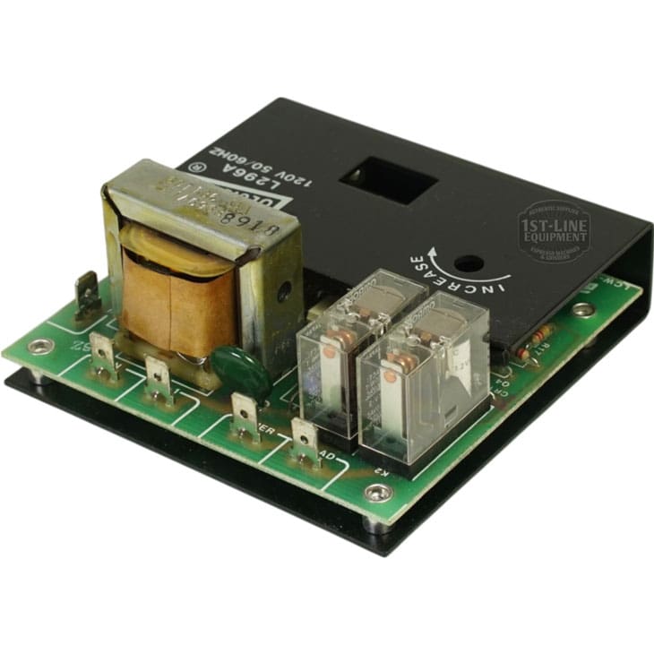 A close-up of the Cecilware L296A Liquid Level Control LCW-S1399-120 circuit board, showing a transformer, relays, and other electronic components on a green PCB. © 2025 1st-line.com