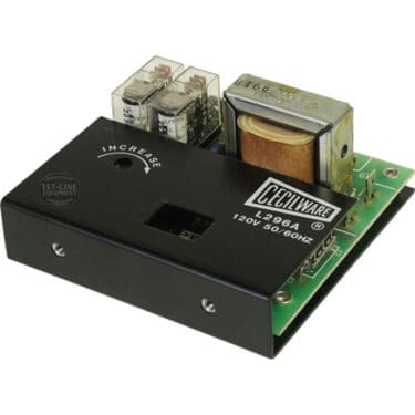A close-up of the Cecilware L296A Liquid Level Control LCW-S1399-120 circuit board shows relays, a transformer, and a black cover labeled INCREASE with a small slider switch; the board is marked L296A 120V 50/60Hz. © 2025 1st-line.com