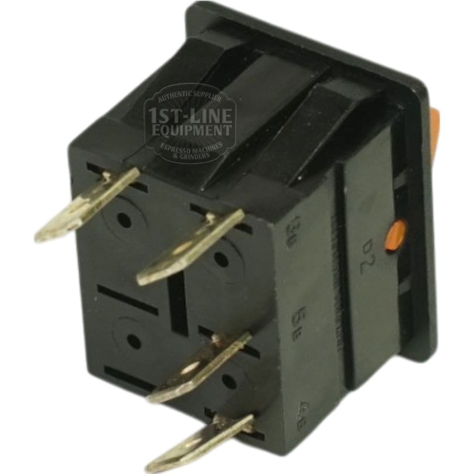 A close-up of the Curtis WC-124 Amber Rocker Hot Water Switch, a black, rectangular switch with four metal prongs visible at the bottom, shown at an angle to highlight its side profile and electrical connectors. © 2025 1st-line.com
