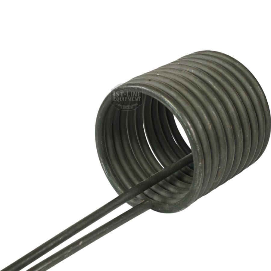 A close-up shows the Bunn Tank Heater Heating Element 230V 5500W, featuring a coiled metal tube with two straight rods, likely designed for Bunn tank heaters or industrial machines, set against a white background. © 2025 1st-line.com