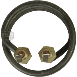 A coiled black cable with two hexagonal metal connectors, each with an exposed copper contact and flat tab, compatible with the Bunn 02755.1000 Tank Heating Element 120V 1425W. © 2025 1st-line.com