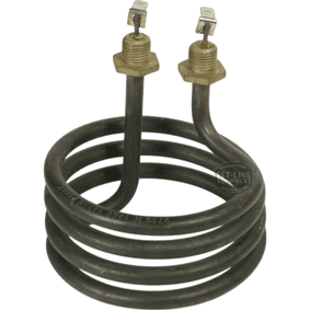 A coiled metal heating element with two threaded terminals and top connectors, like the Bunn 02755.1000 Tank Heating Element 120V 1425W, used in appliances such as water heaters or industrial equipment. © 2025 1st-line.com
