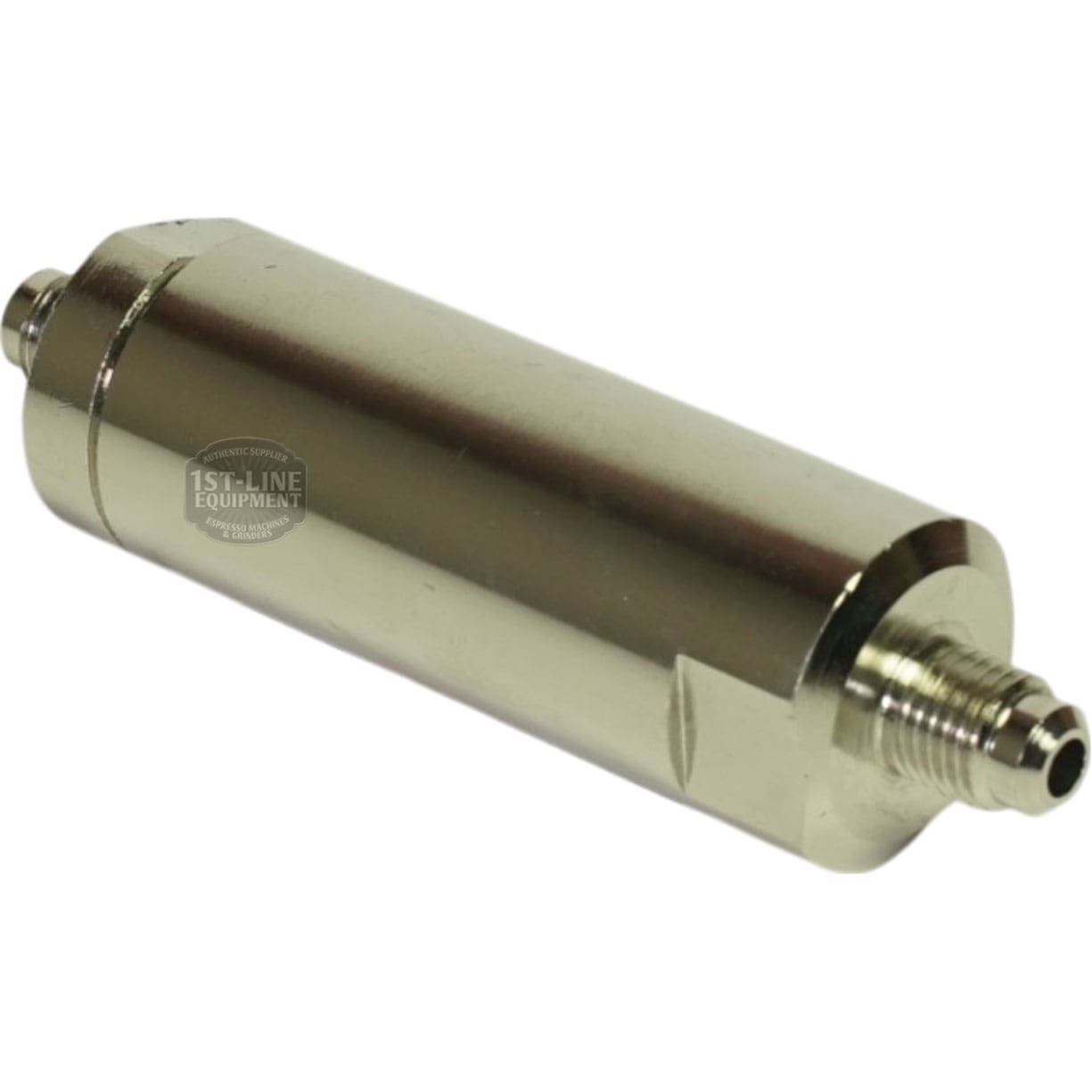 A cylindrical metal adaptor, like the Grindmaster-Cecilware E002A Water Strainer with 1/4 flare fitting, featuring threaded connectors for integration into fluid or gas systems. © 2025 1st-line.com