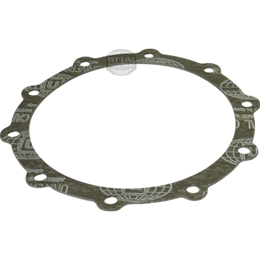 A flat, circular La Pavoni 361001 P-Series Boiler Gasket (235x200x3 mm) features multiple bolt holes and textured material with printed text—perfect for use with the La Pavoni 52mm 1-Cup Filter Basket/Cup - MILLENNIUM EDITION. © 2025 1st-line.com