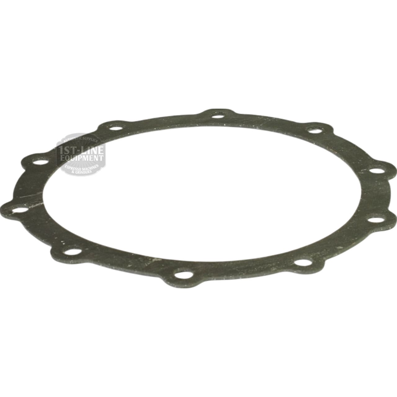 A flat, circular La Pavoni 361001 P-Series Boiler Gasket (235x200x3 mm) with eight evenly spaced edge holes is shown on a white background; it fits the La Pavoni 52mm 1-Cup Filter Basket/Cup - MILLENNIUM EDITION. © 2025 1st-line.com