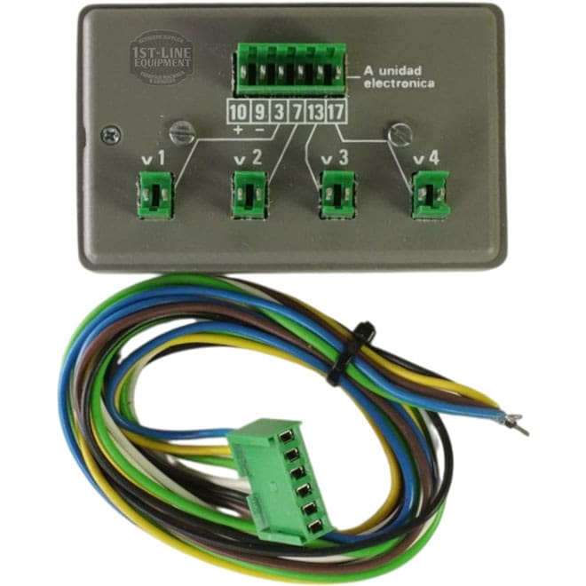 A gray Adapter 011854 for Machine CEE-86 features four green I/O ports and numbered terminals; next to it is a bundle of multicolored wires with a green connector attached. © 2025 1st-line.com