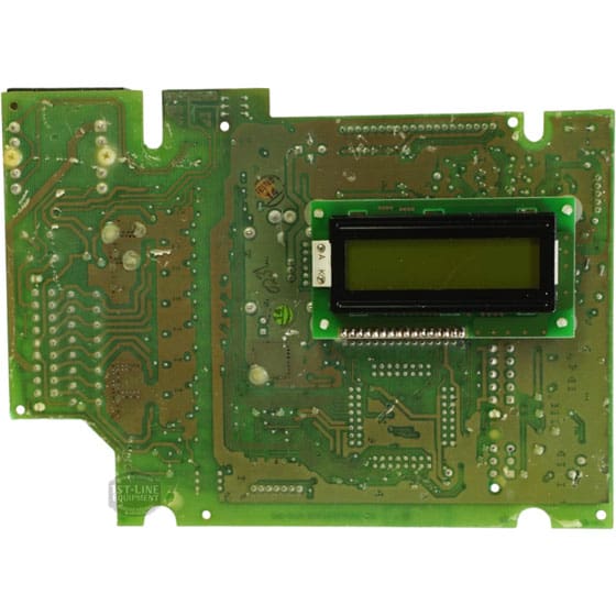 A green Bunn 29969.0000 Main Control Circuit Board with visible traces, components, and a small rectangular digital display near the top right, designed for use with compatible equipment. © 2025 1st-line.com