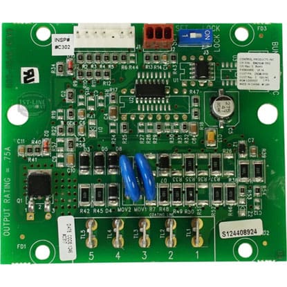 A green electronic circuit board with resistors, capacitors, connectors, blue wire loops, and white labels. Designed for the Bunn 32400.0002 Timer Kit, Digital 120V (No Adapter), its labeled OUTPUT RATING = 7.5A at the edge. © 2025 1st-line.com