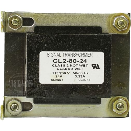 A metal-cased signal transformer labeled Bunn 27253.0001, Primary 115/230V, Secondary 24V, 80VA, with four corner mounting screws—similar in build quality to a Bunn 01093.1000 Tank Heater 120V 1370W. © 2025 1st-line.com