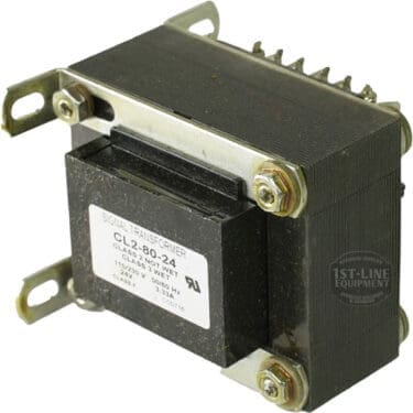 A metal signal transformer with mounting brackets and screw terminals, like the Bunn 27253.0001 Transformer (Primary 115/230V, Secondary 24V, 80VA), labeled with voltage, frequency, and safety certification specs. © 2025 1st-line.com