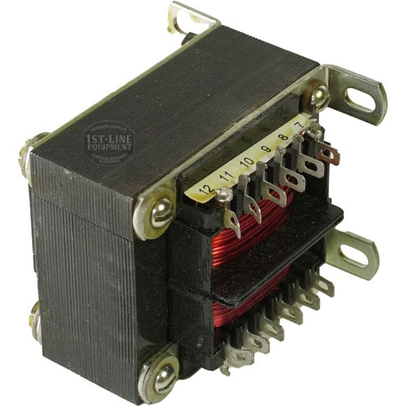 A metal transformer with screw terminals labeled 7–12, visible copper windings, and corner mounting brackets—like the Bunn 27253.0001 Transformer Primary 115/230V Secondary 24V 80VA. © 2025 1st-line.com