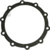 A round, flat black La Pavoni 361001 P-Series Boiler Gasket (235x200x3 mm) with evenly spaced edge holes, designed for sealing mechanical parts or fitting the La Pavoni 52mm 1-Cup Filter Basket/Cup - MILLENNIUM EDITION. © 2025 1st-line.com
