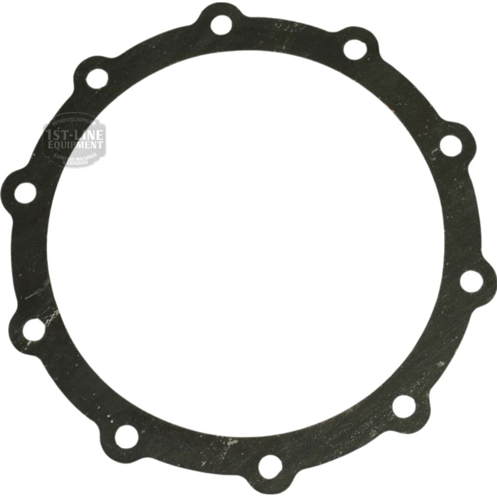 A round, flat black La Pavoni 361001 P-Series Boiler Gasket (235x200x3 mm) with evenly spaced edge holes, designed for sealing mechanical parts or fitting the La Pavoni 52mm 1-Cup Filter Basket/Cup - MILLENNIUM EDITION. © 2025 1st-line.com
