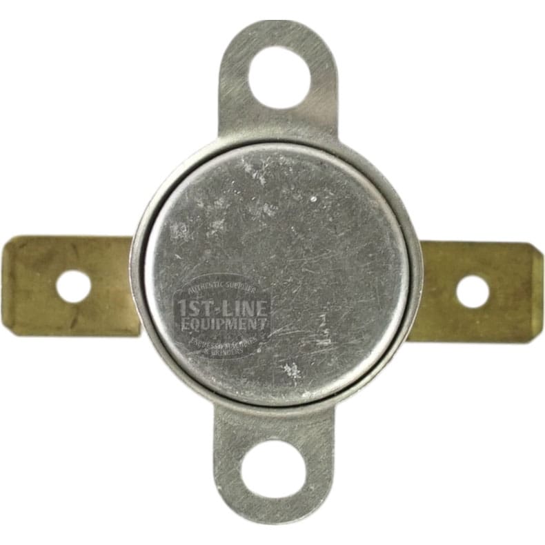 A round metallic Bunn 23917.0000 High Limit Thermostat with two brass terminals and three mounting holes, viewed from above. The top is stamped with 1st-Line Equipment. © 2025 1st-line.com