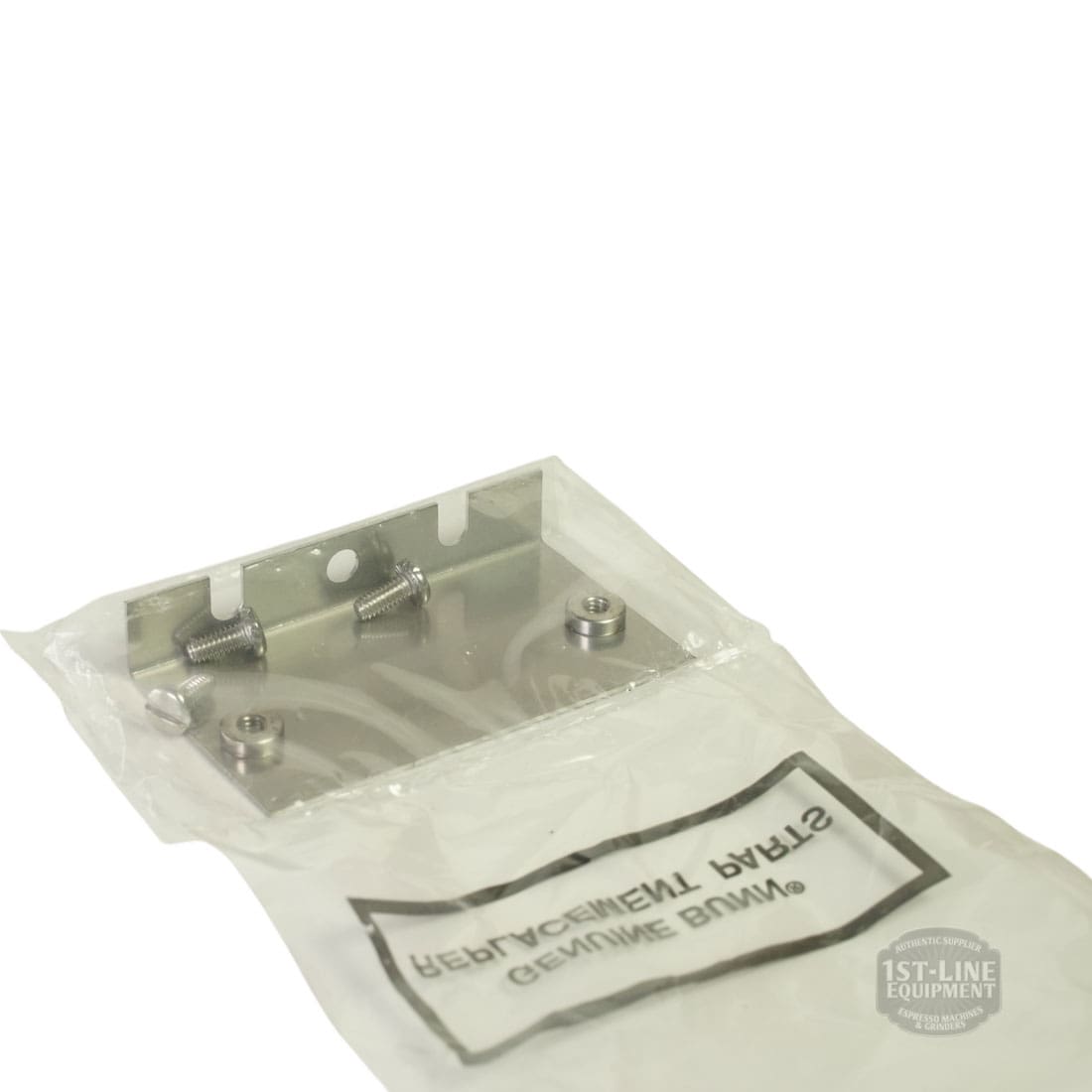 A sealed plastic bag labeled REPLACEMENT PARTS contains a Bunn 38326.0000 Relay Kit with Bracket (100-120VAC), screws partially visible, and a 1st-Line Equipment logo in the corner. © 2025 1st-line.com