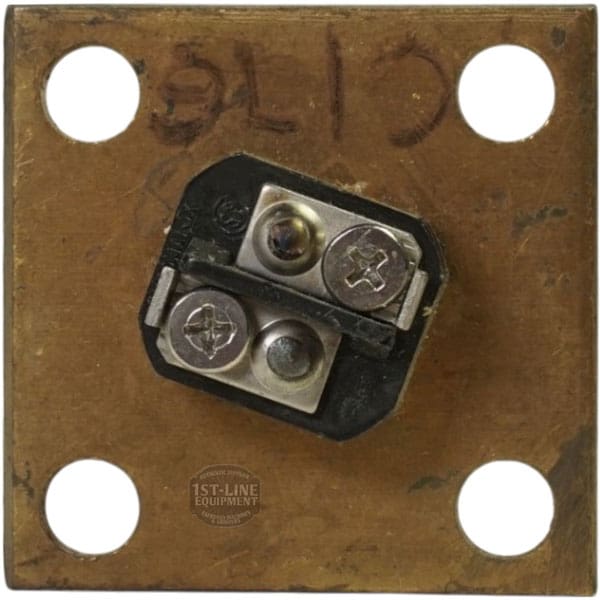 A square brass plate with four corner holes, a central black part with two screw terminals, and a faint circular logo. Designed for use with the Hatco R02.04.400.00 Element 4000W 208V. © 2025 1st-line.com
