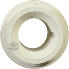 A white, circular plastic part with a central hole and indented notch on the inner rim; subtle text and logo on the left outer edge. Compatible with the Bunn 24721.0000 Dispense Tube. © 2025 1st-line.com