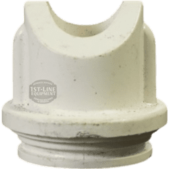 A white, cylindrical plastic part with a grooved base and U-shaped notch on top shows minor wear and a faint 1st-Line Equipment logo, similar to the Bunn 24721.0000 Dispense Tube. © 2025 1st-line.com