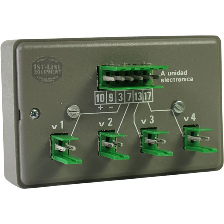 Adapter 011854 for Machine CEE-86 is a gray electronic unit with four green connectors labeled v1–v4, a row of numbered green pins (10, 9, 3, 7, 13, 17) above them, and A unidad electronica printed on the right. © 2025 1st-line.com