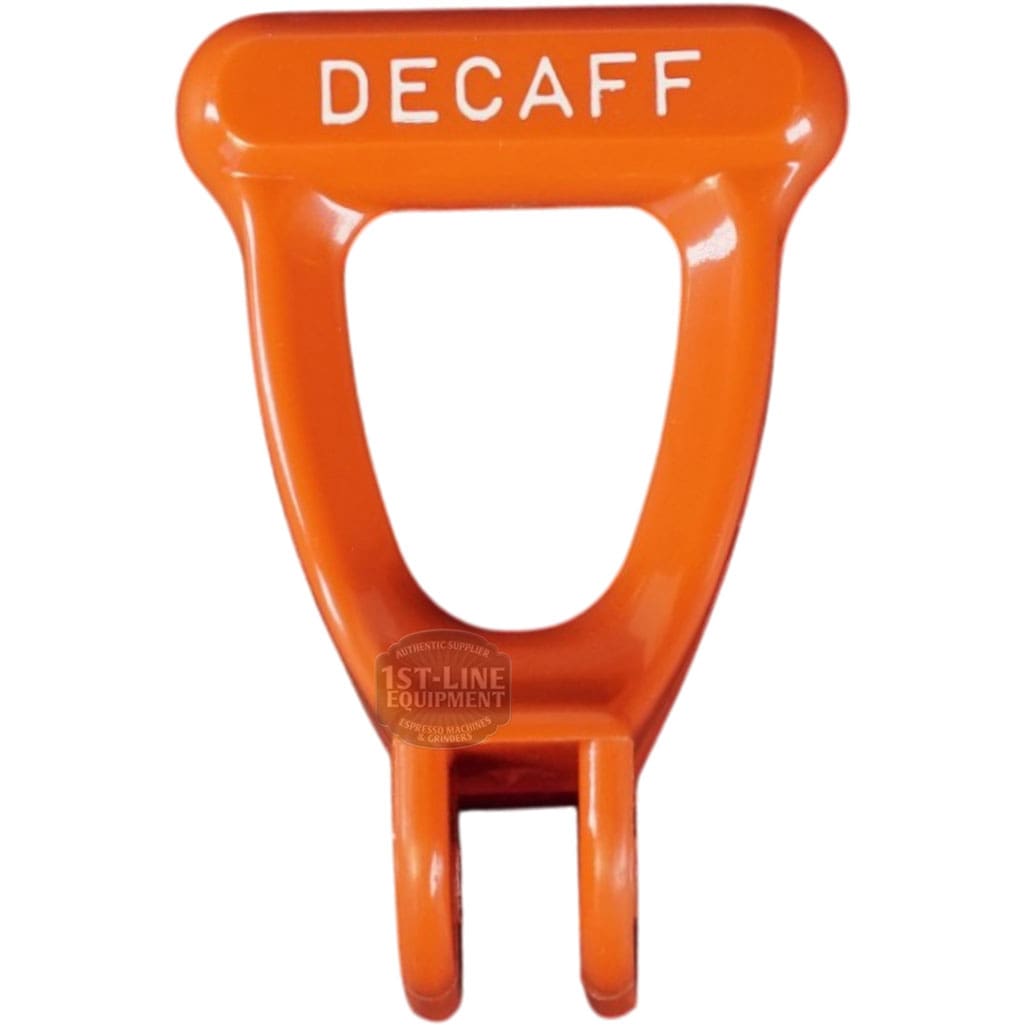 An orange coffee portafilter handle, like the Bunn 07101.0000 Orange Faucet Handle without Pin - Decaff, has DECAFF printed in white at the top. © 2025 1st-line.com