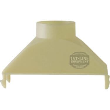 Beige plastic Bunn 05916.0000 Collector - Hopper to Burr Housing with a wide, angled spout, three small clips at the base, and 1st-Line Equipment logo; designed as a coffee grinder chute collector. © 2025 1st-line.com