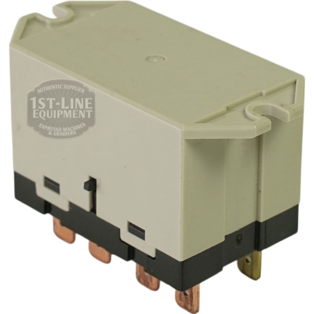 Beige rectangular electrical component with black base and copper/brass prongs, marked with the 1st-Line Equipment logo and labeled Bunn 38326.0000 Relay Kit with Bracket for 100-120VAC systems. © 2025 1st-line.com