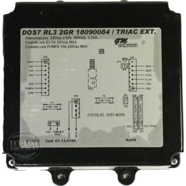 Black rectangular Giemme 18090084 Cod. 01.13.0159 Brain Unit featuring a detailed white label with wiring diagrams, terminal connections, voltage, relay ratings, connection points, technical specs, and brand logos. © 2025 1st-line.com