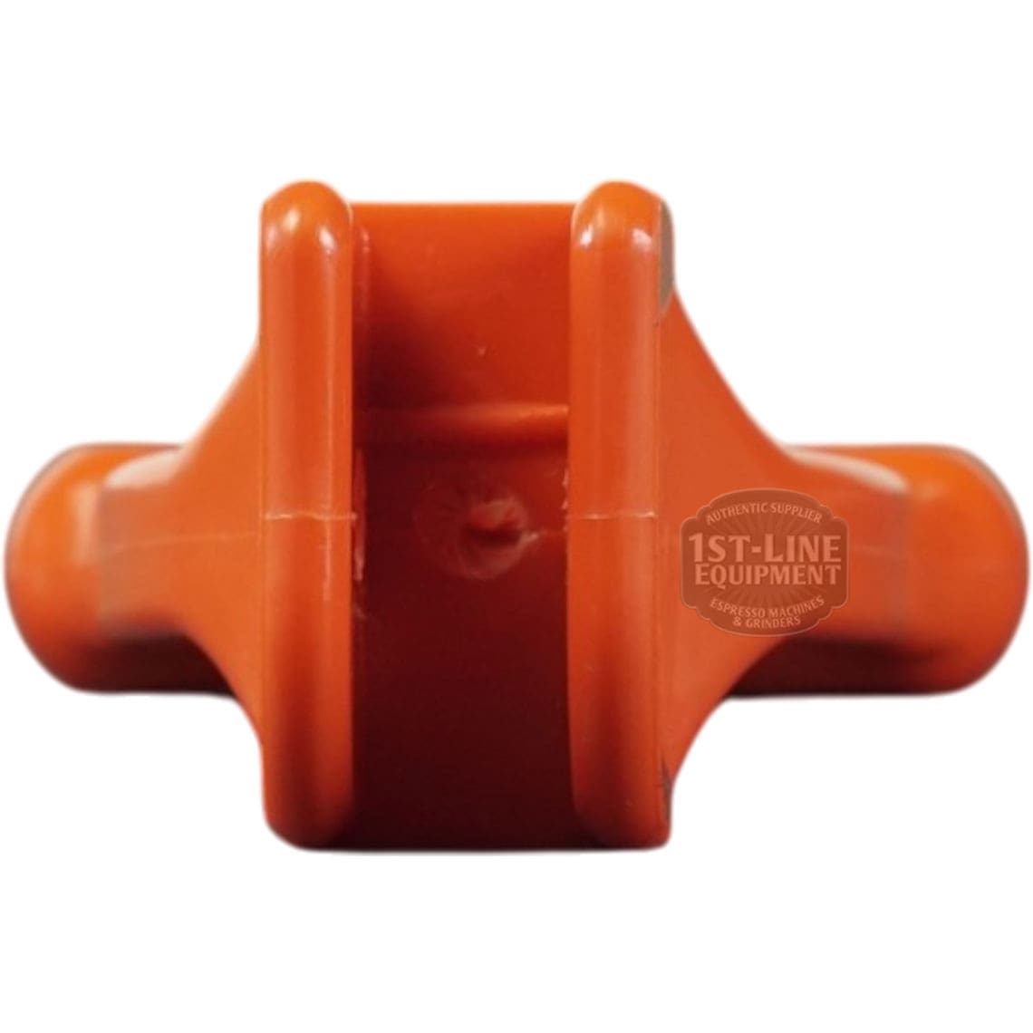 Close-up of a Bunn 07101.0000 Orange Faucet Handle without Pin for Decaff, featuring two parallel ridges and a round center, made of orange plastic. Photographed against a white background. © 2025 1st-line.com