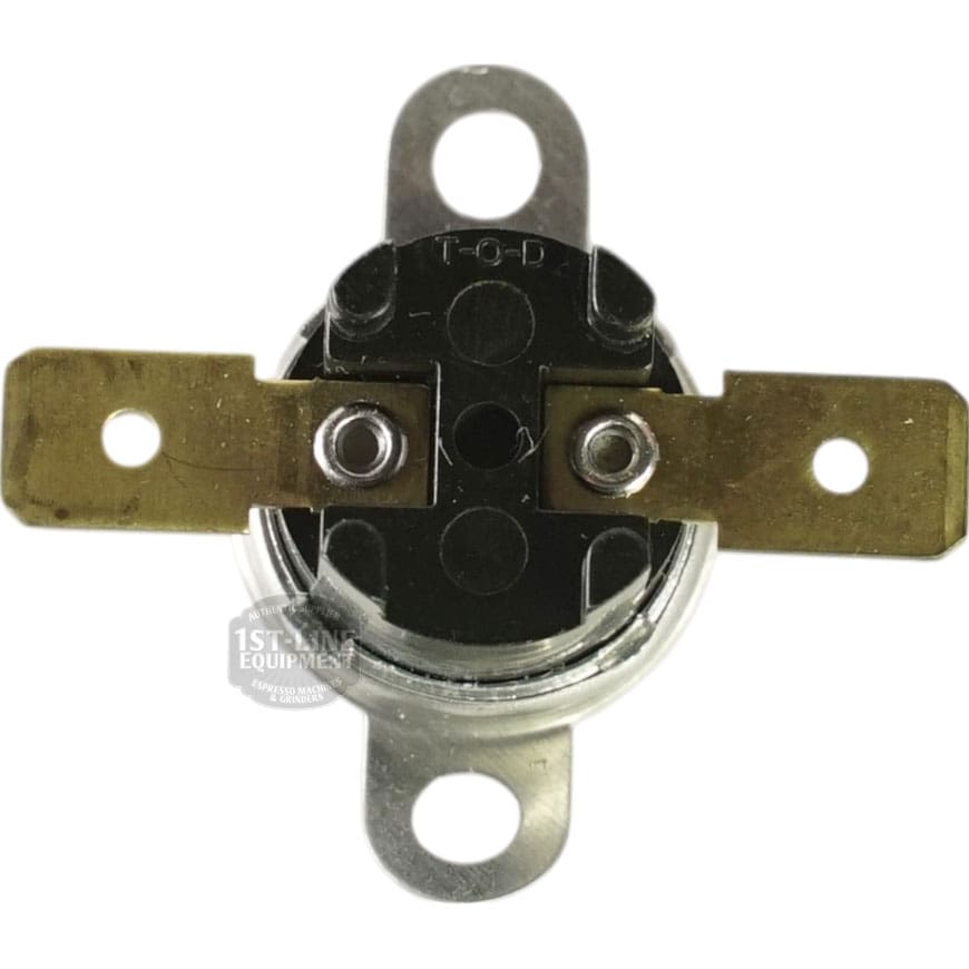 Close-up of a Bunn 23917.0000 High Limit Thermostat with a round metal switch, two flat brass terminals, and mounting holes, shown from above on a white background. © 2025 1st-line.com