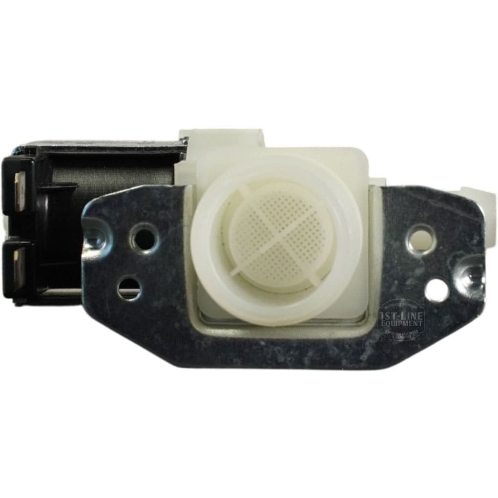 Close-up of a Bunn 75074-63 3-145 Solenoid Valve, 120Volt 50/60Hz, featuring a white plastic filter screen, metal mounting bracket, and black electrical connector. © 2025 1st-line.com