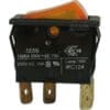 Close-up of a Curtis WC-124 Amber Rocker Hot Water Switch featuring a black and orange design, metal prongs, and white text on the side displaying 250V AC and 15A electrical ratings. © 2025 1st-line.com