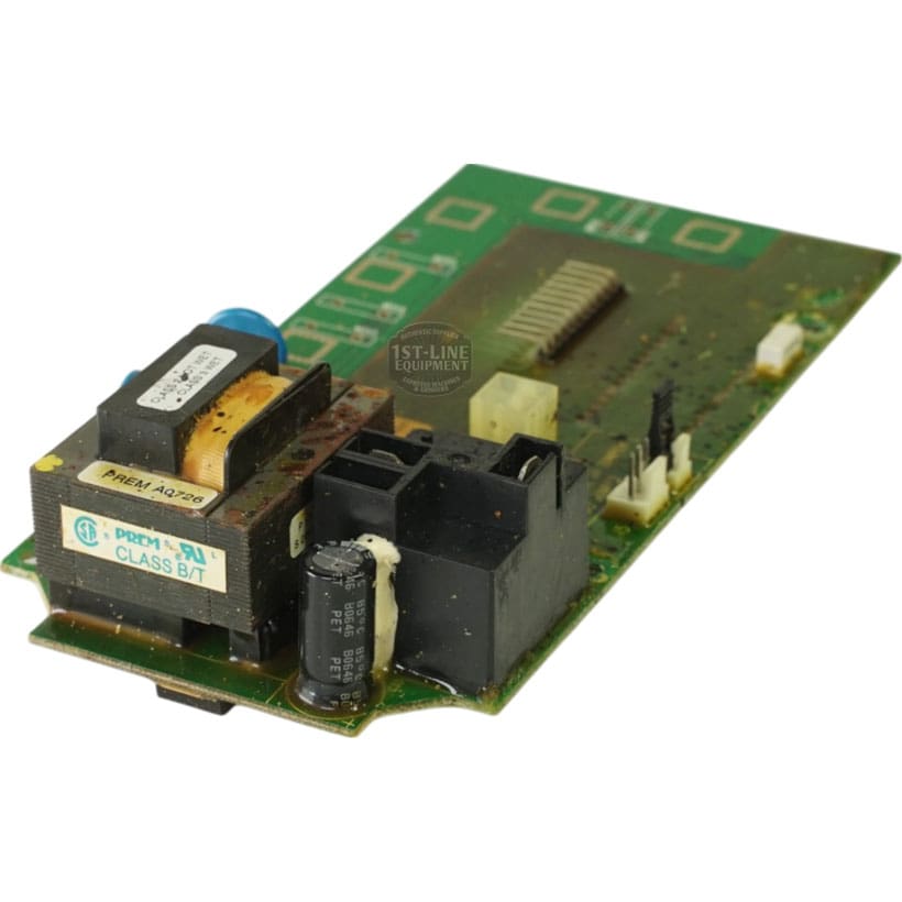 Close-up of a green printed circuit board from Bunn, featuring a transformer, capacitors, connectors, and the Bunn 28975-1000 Display Assembly. © 2025 1st-line.com