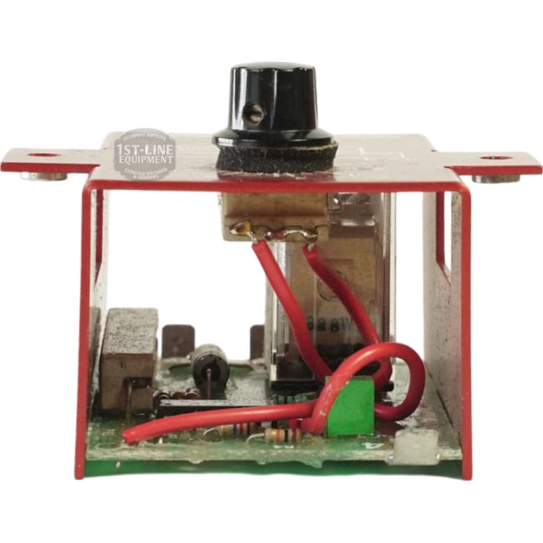 Close-up of a Grindmaster Cecilware L201A Timer 208-240V 50/60Hz (2-7 minutes) circuit board with red wiring, black knob, and metal/plastic components, all mounted on a red frame. © 2025 1st-line.com