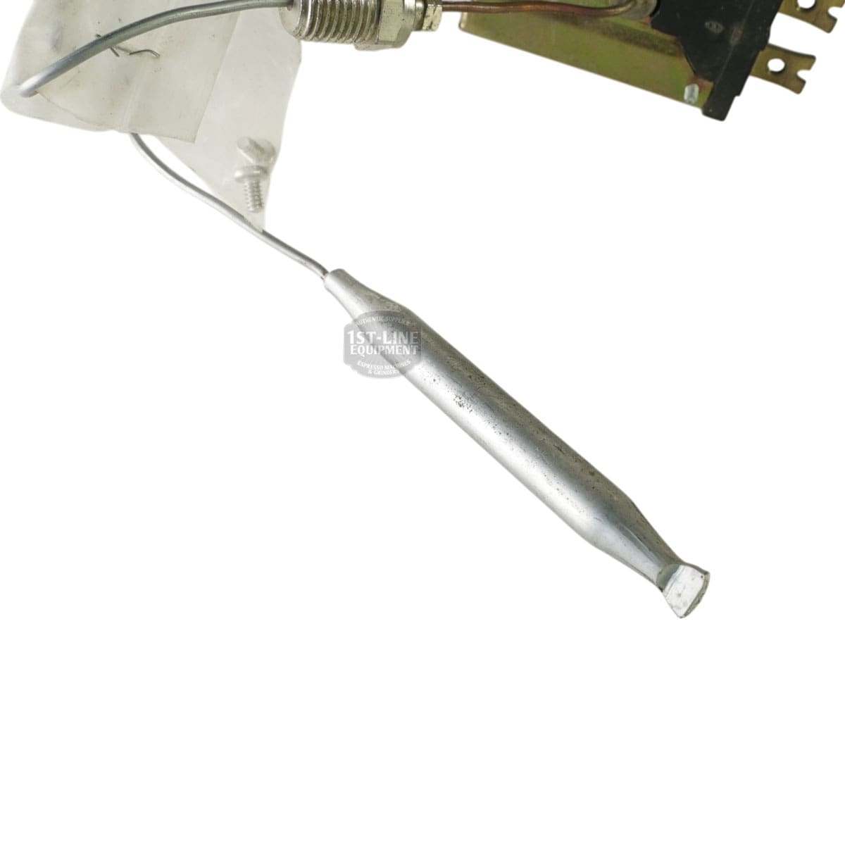 Close-up of a metallic PECO Control Solutions TC125-025 Regulating Thermostat probe sensor with a long, thin tip and wiring, connected to an electronic device component on a white background. © 2025 1st-line.com