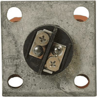 Close-up of a square metallic plate with a slightly rough surface and four round corner holes, showcasing the Heating Element 120V 1500W V340D with Gasket at the center, secured by two screws. Plate shows signs of wear. © 2025 1st-line.com