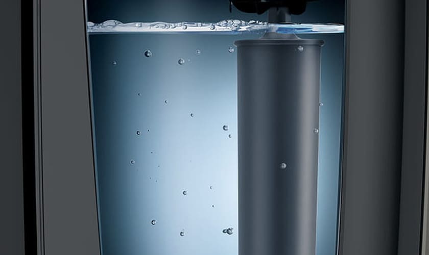 Close-up of a water filtration system inside a transparent tank, similar to that in the Jura X10 Super-Automatic Espresso Machine, featuring a cylindrical filter surrounded by water and air bubbles. © 2025 1st-line.com