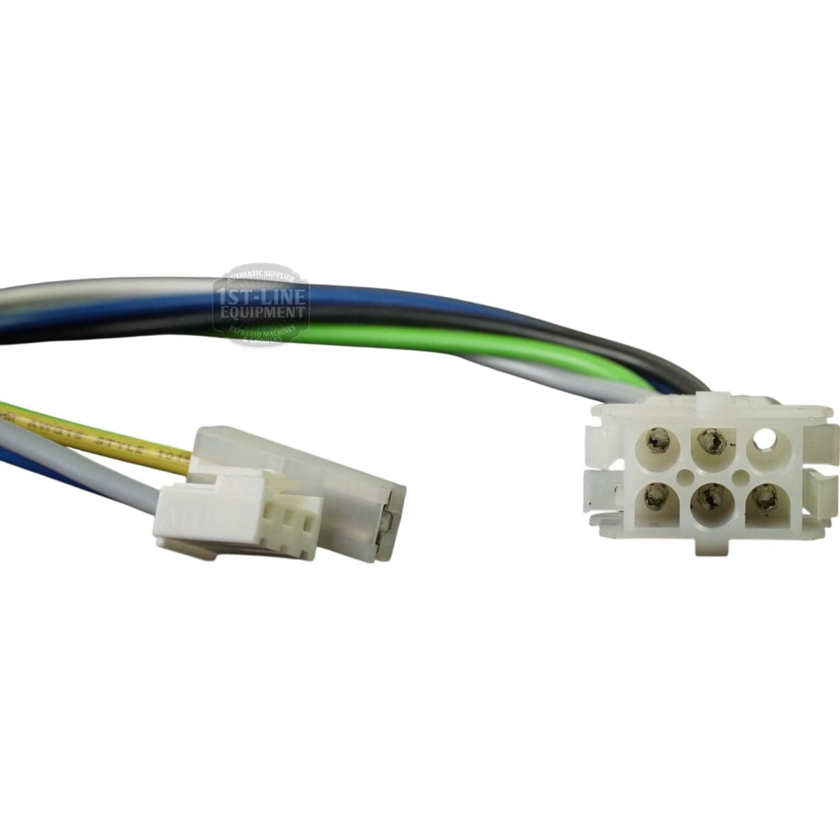 Close-up of a wiring harness featuring a white plastic multi-pin connector and three colored wires for the Rancilio 10110651 Mother Board Wiring C8 DE07, shown isolated on a white background. © 2025 1st-line.com