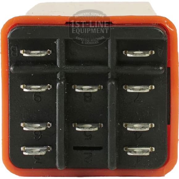 Close-up of an NCC K3K-10-661 Time Delay Relay with a black, rectangular 10-pin electrical connector in two rows, featuring an orange rubber border and numbered slots from 1 to 10. © 2025 1st-line.com