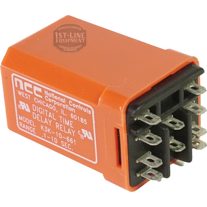 Close-up of an orange NCC K3K-10-661 Time Delay Relay, shown next to a Bunn 01093.1000 Tank Heater 120V 1370W, highlighting the relays label and multiple metal connector pins. © 2025 1st-line.com