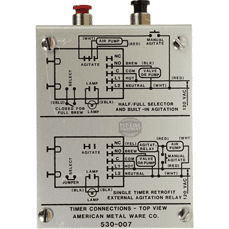 Close-up of Bloomfield 8812-61 Timer 8 Minute 120V TBF-T1602-120T connection panel showing labeled connectors, switches, wiring diagrams, instructions, and two top terminals—one red and one black. © 2025 1st-line.com