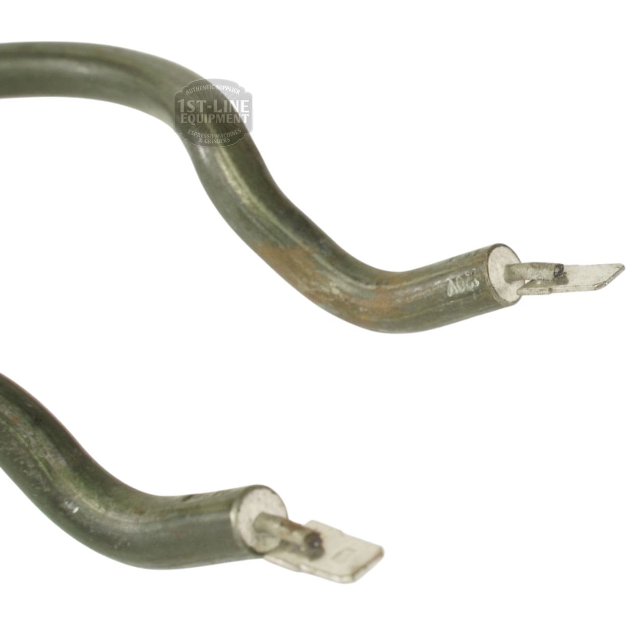 Close-up of the Bunn 01142.0000 Warmer Heating Element - 120V 130W, showing two prongs at each end against a white background. © 2025 1st-line.com