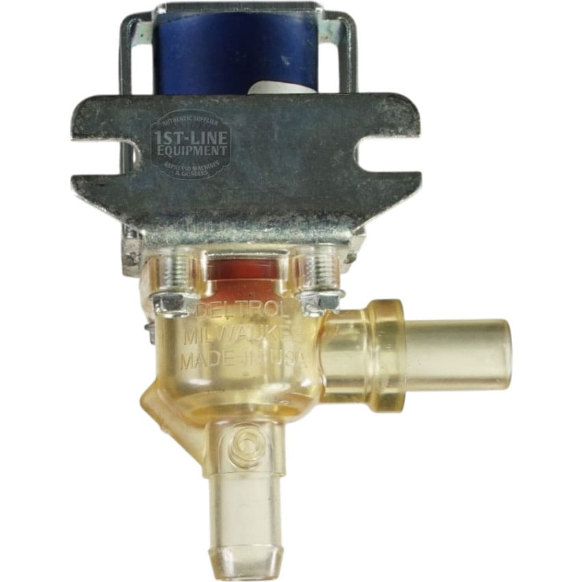 Close-up of the Bunn 27370.0007 Solenoid Valve Assembly—Bypass-Plastic—120V, with a transparent body, blue coil, sturdy metal bracket, two hose connections, and DELTROL MILWAUKEE MADE IN USA marking. © 2025 1st-line.com