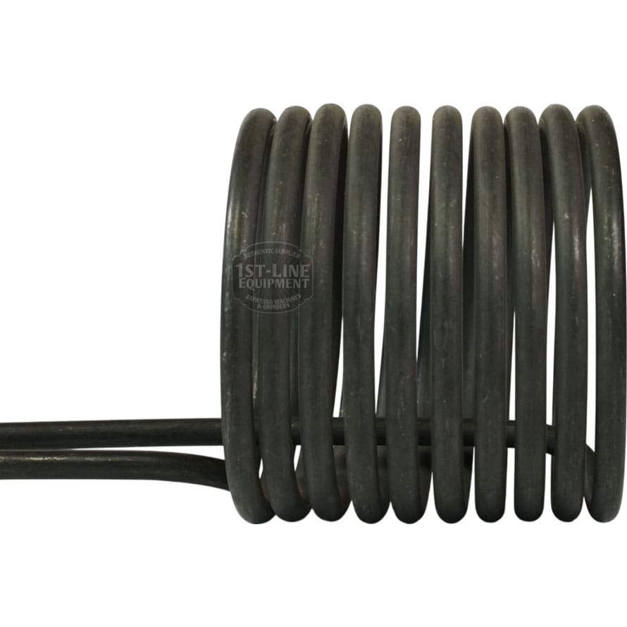 Close-up of the Bunn Tank Heater Heating Element, 230V 5500W: a tightly wound black metal coil with multiple loops, displayed horizontally against a white background. © 2025 1st-line.com