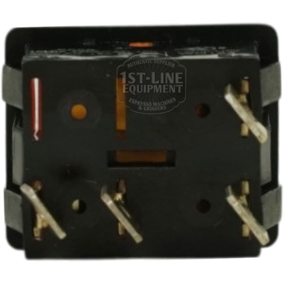 Close-up of the Curtis WC-124 Amber Rocker Hot Water Switch in black, featuring six metal prongs and rectangular holes on the bottom side. The 1st-Line Equipment logo appears faintly at the center. © 2025 1st-line.com