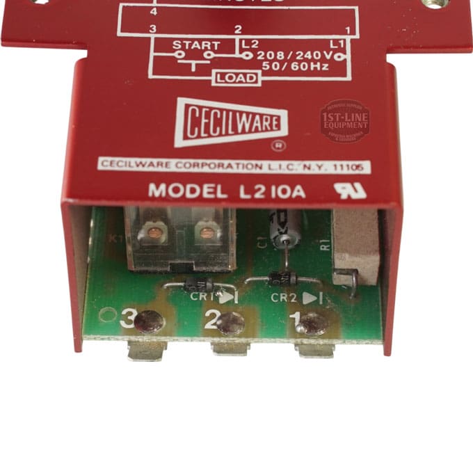 Close-up of the Grindmaster Cecilware L201A Timer, 208-240V 50/60Hz, 2-7 min adjustable; labeled terminals (1, 2, 3) and internal parts visible under red cover. © 2025 1st-line.com