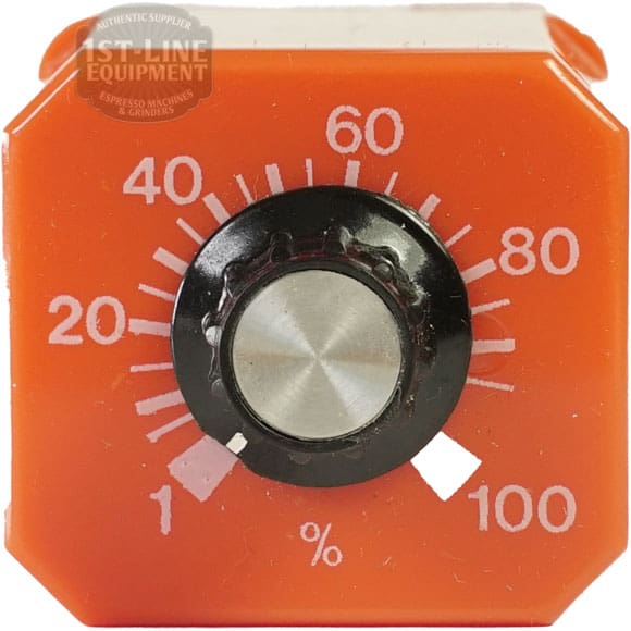 Close-up of the orange dial on an NCC K3K-10-661 Time Delay Relay, featuring a central metallic knob. The dial displays numbers 0–100 in 20-unit increments with percent (%), and a label is partially visible at the top. © 2025 1st-line.com