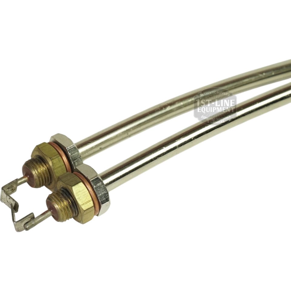 Close-up of two metallic tubular heating elements with threaded ends and nuts, featuring the Heating Element 240V 5000W TH 6303O, ideal for use in espresso machines and similar appliances. © 2025 1st-line.com