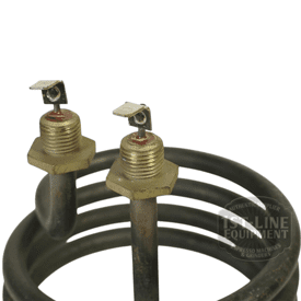 Close-up view of a Bunn 02755.1000 Tank Heating Element 120V 1425W, featuring a metal heating element with two screw terminals and a coiled tube, set against a white background. © 2025 1st-line.com