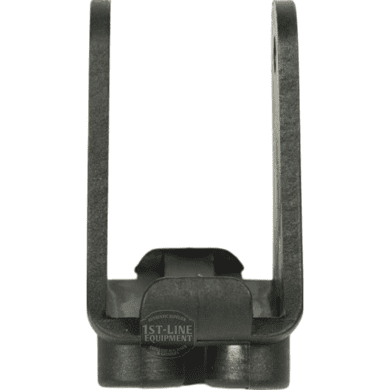 Front view of a black plastic U-shaped bracket with a circular clamp at the bottom, marked 1st-Line Equipment in white—designed for use with the Faema Tap Lever Right - Left F978. © 2025 1st-line.com