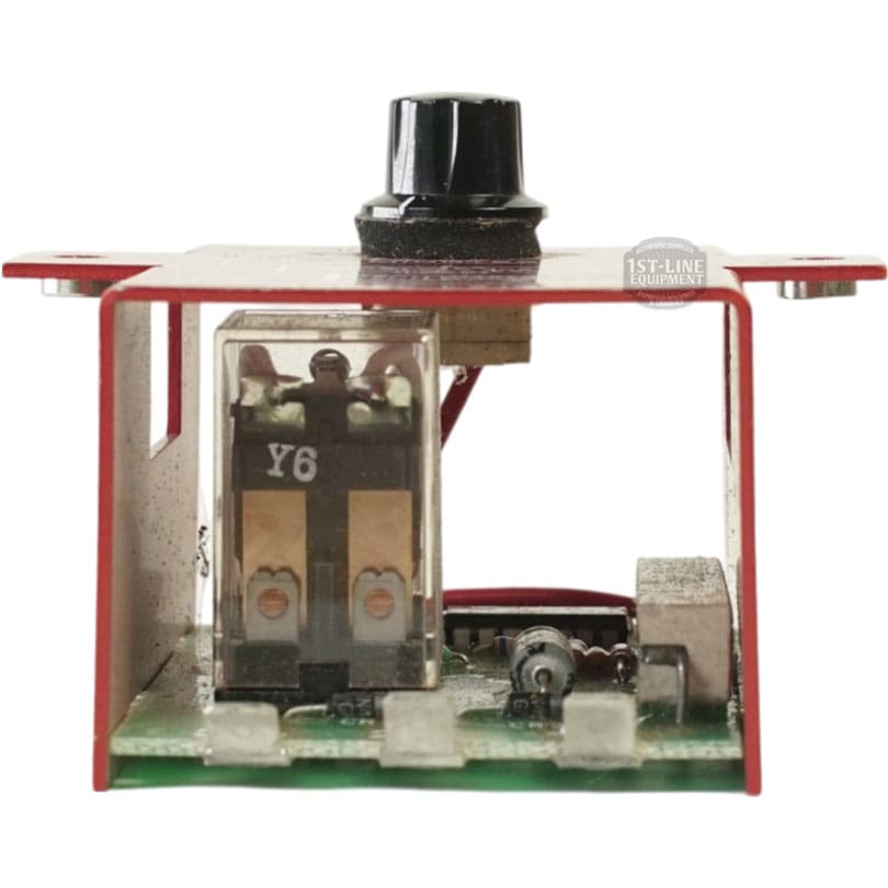 Front view of the Grindmaster Cecilware L201A Timer 208-240V 50/60Hz 2-7 minutes, showing a black knob, transparent relay labeled Y6, and various components in a compact red rectangular enclosure. © 2025 1st-line.com